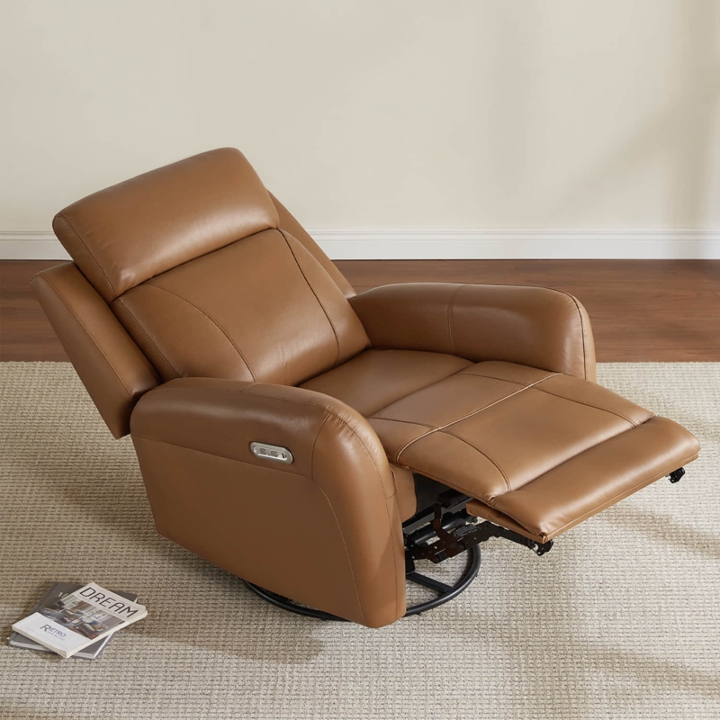 Modern Cognac Power Swivel Glider Recliner Integrated Footrest