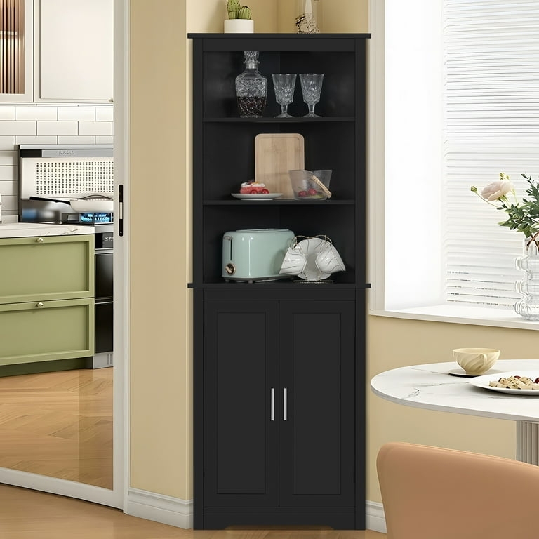 Modern Corner Hutch with Open Shelves and Recessed Panel Doors