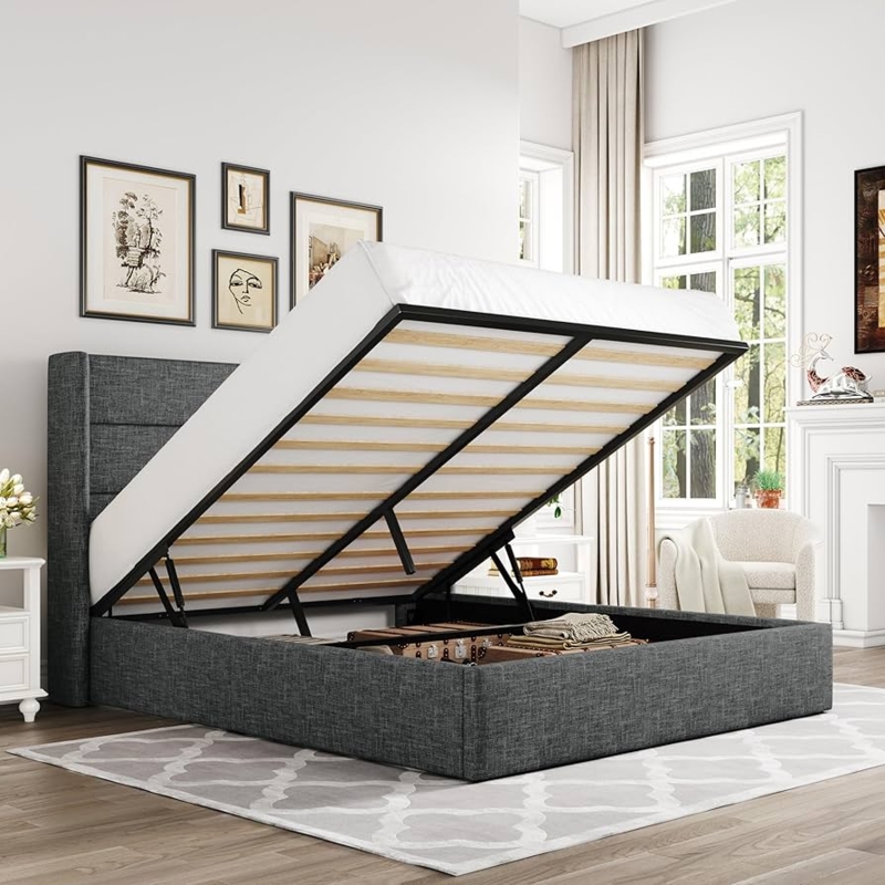 Modern Dark Grey Upholstered Storage Bed Hydraulic Lift