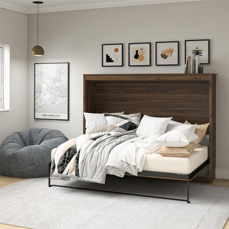 Modern Dark Wood Murphy Bed Cabinet, Slim Metal Frame