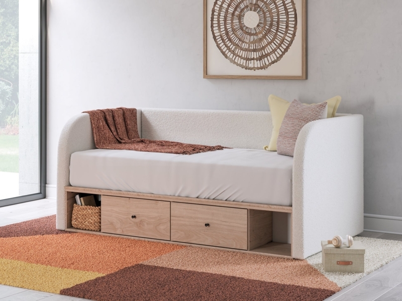 Modern Daybed With Cubbies, Boucle Upholstery, Wood Toned Base, Drawers