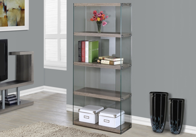 Modern Etagere Bookcase, Glass Side Panels with Gray Wood Shelves