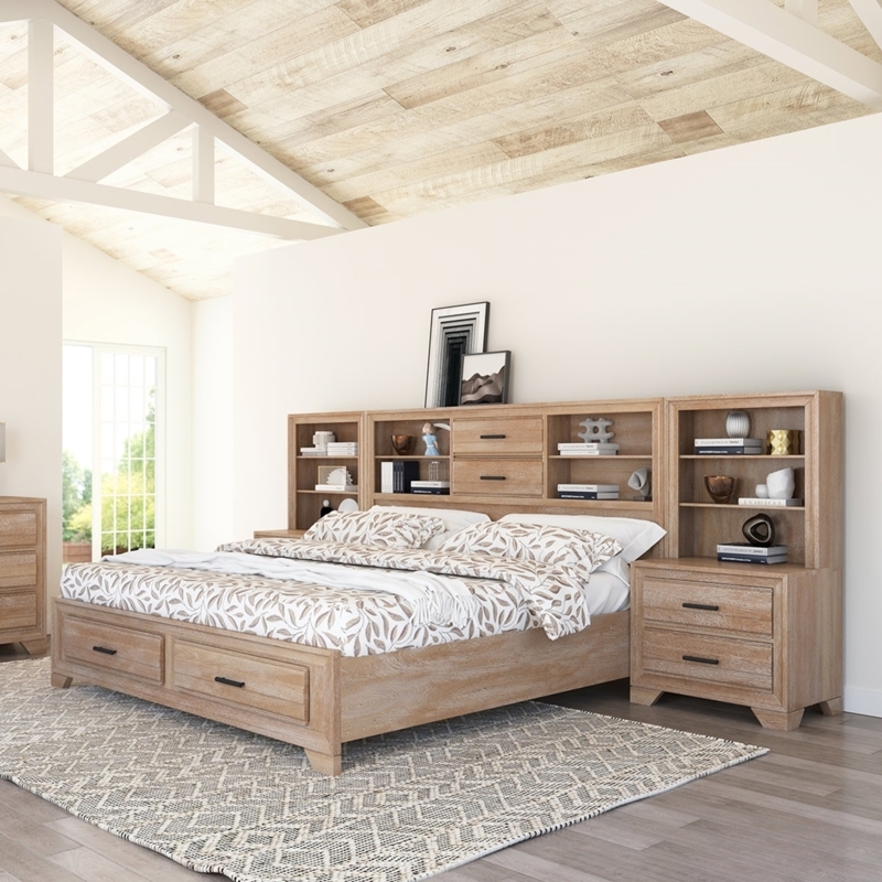 Modern Farmhouse Bookcase Bed with Light Wood Finish and Storage