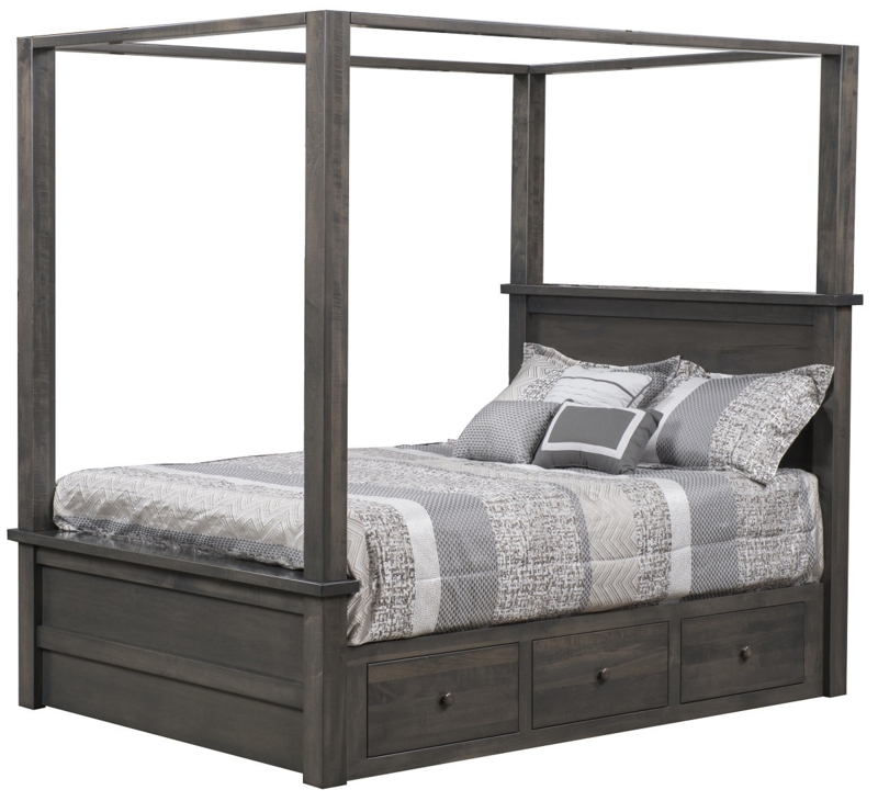 Modern Farmhouse Charcoal Wood Canopy Bed with Storage
