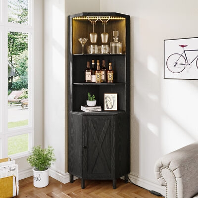 Modern Farmhouse Corner Bar Cabinet with Black X-Frame Barn Door