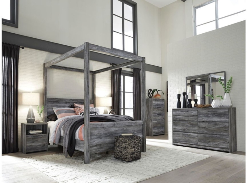 Modern Farmhouse Grey Canopy Bedroom Set with Weathered Wood Texture