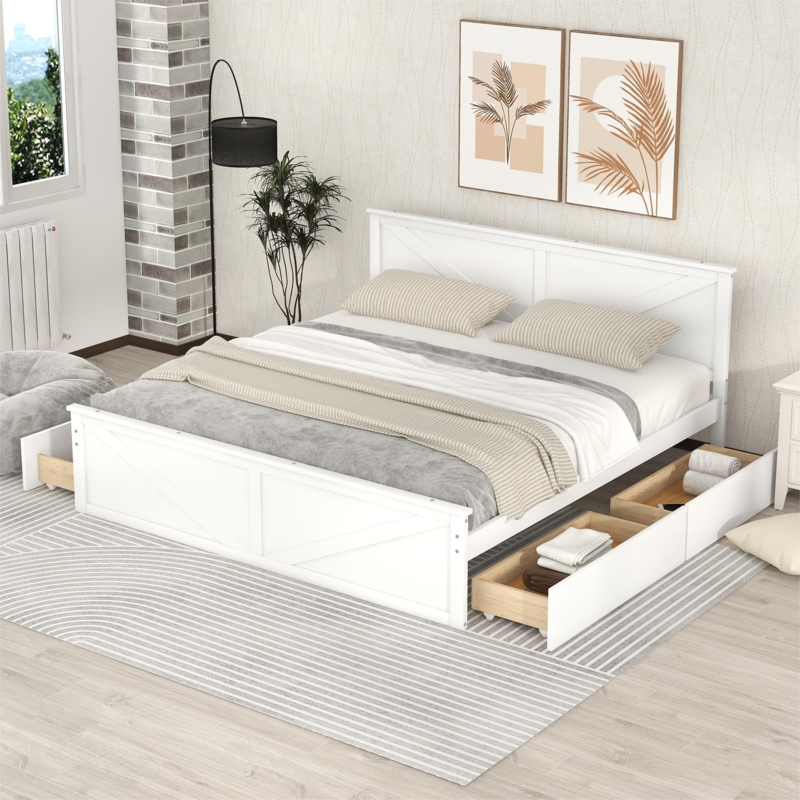 Modern Farmhouse Platform Storage Bed King with X-Brace Headboard