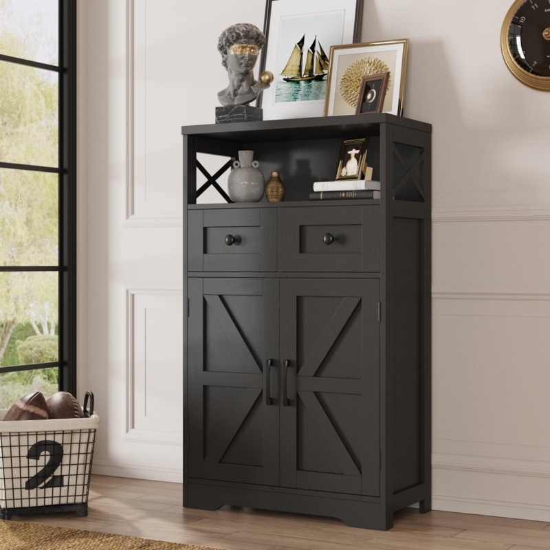 Modern Farmhouse Storage Cabinet X-Brace Doors Open Hutch