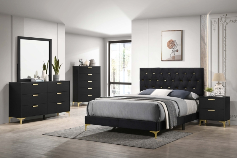 Modern Glam Bedroom Set Grid Tufted Headboard Gold Tapered Legs
