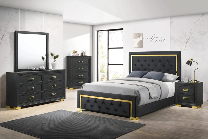 Modern Glam Bedroom Set with Gold Metal Trim & Button Tufting