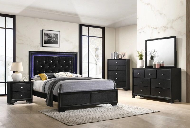 Modern Glam Bedroom Set with Tufted LED Headboard