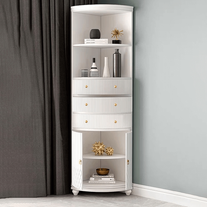 Modern Glam Corner Bookcase with Fluted Drawers and Gold Knobs