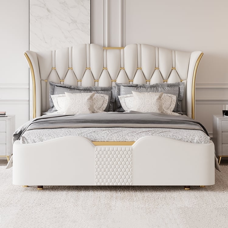Modern Glam Upholstered Bed with Scalloped Headboard & Gold Accents