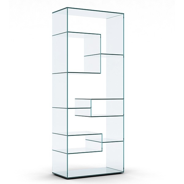 Modern Glass Bookcase with Asymmetrical Shelving and Geometric Design