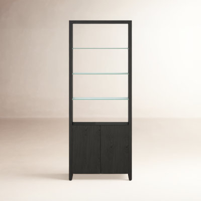 Modern Glass Shelf Bookcase Slim Black Metal Frame Open Back