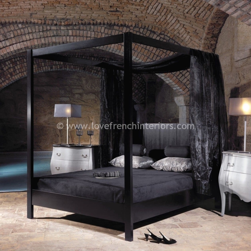 Modern Gothic Canopy Bed in Satin Black Finish with Sheer Draping