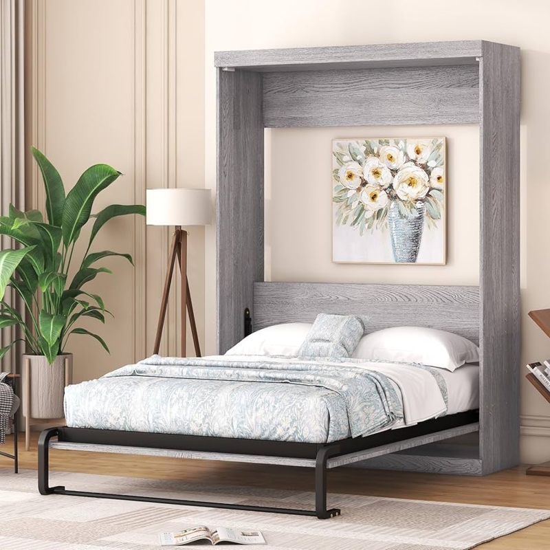 Modern Gray Murphy Bed with Wood Grain & Metal Handle Leg