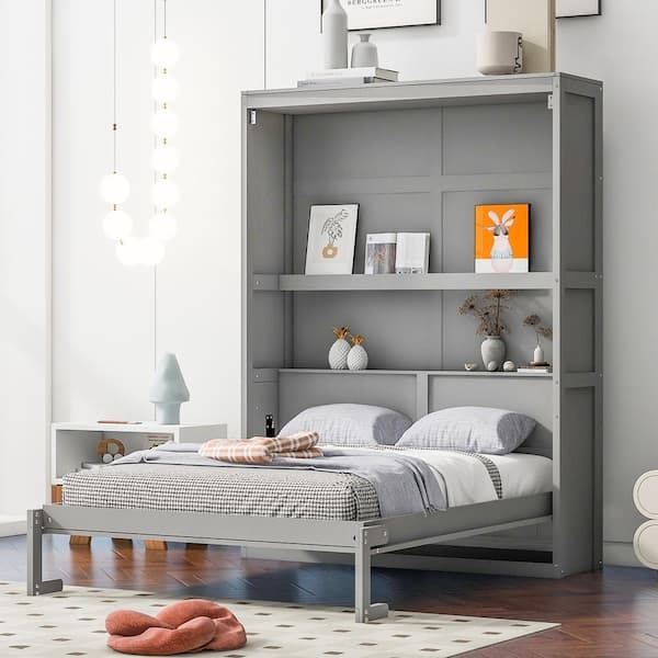 Modern Gray Wall Bed with Recessed Shelves & Slatted Base