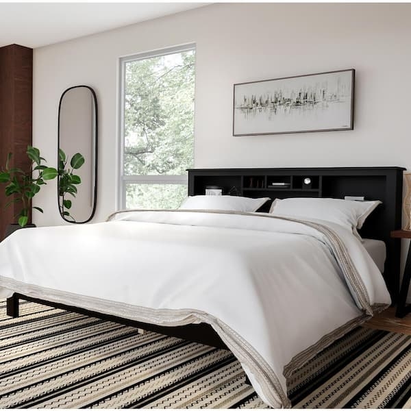Modern Headboard Matte Black Integrated Shelving Bookcase Style