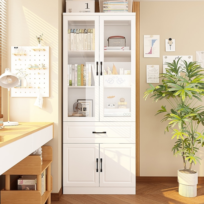 Modern Home Office Storage with Glass Doors and Central Drawer