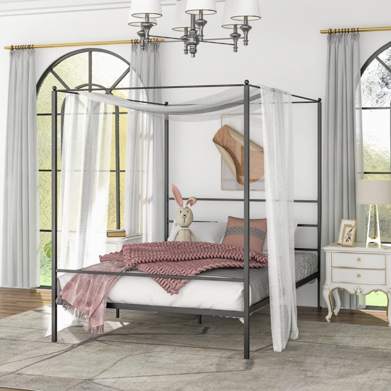 Modern Industrial Canopy Bed Frame with Slatted Headboard