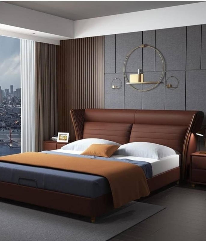 Modern King Bed Brown Leather Winged Headboard Diamond Quilted Frame