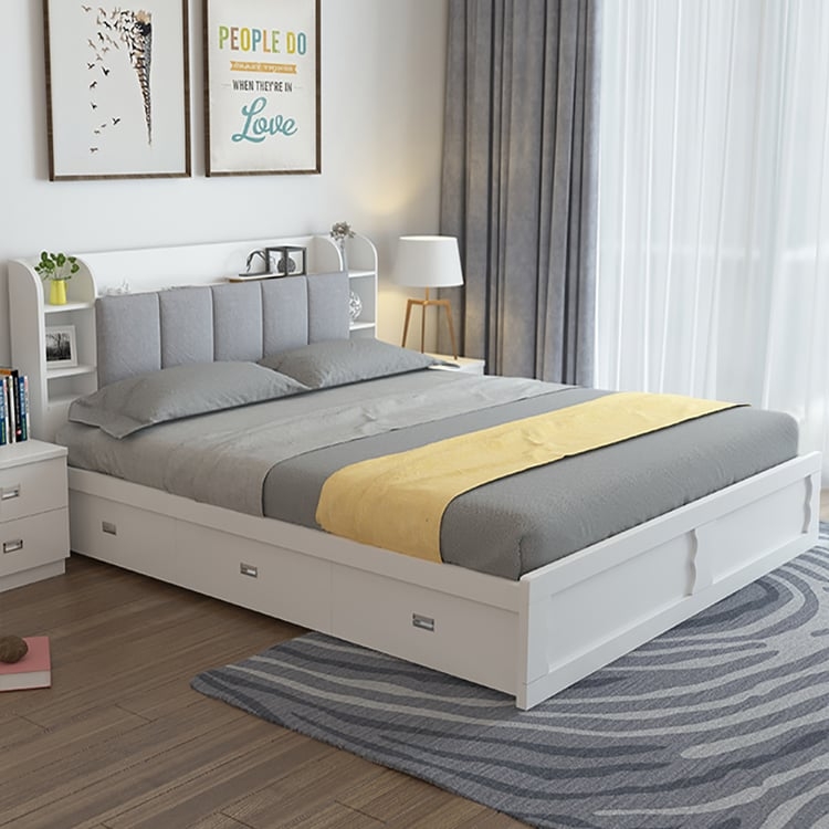 Modern King Platform Storage Bed with Integrated Headboard Shelving