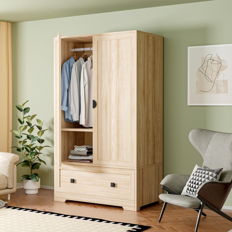 Modern Light Oak Wardrobe Armoire with Black Hardware