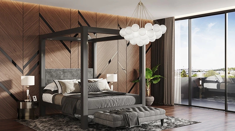 Modern Luxury Canopy Bed Frame in Charcoal and Wood Tone
