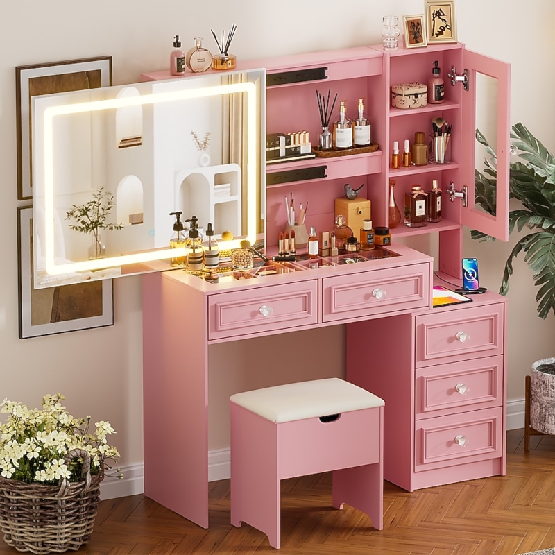 Modern Makeup Vanity Featuring Crystal Knobs and Open Shelving Details