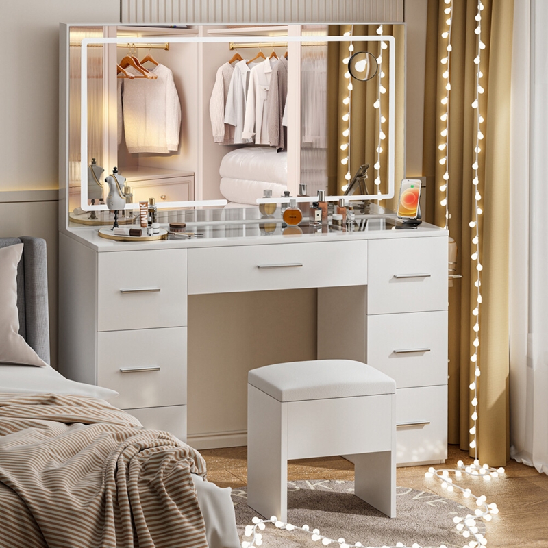 Modern Makeup Vanity, LED Lighted Mirror, 7 Drawers, Glass Top Section, Matte.