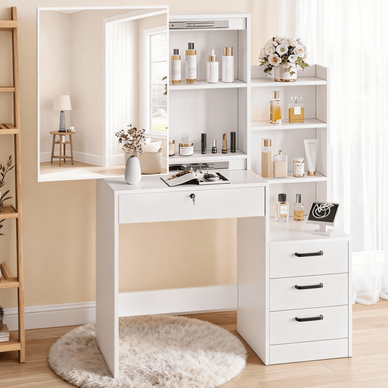 Modern Makeup Vanity with Sliding Mirror, Hidden Storage & Lock