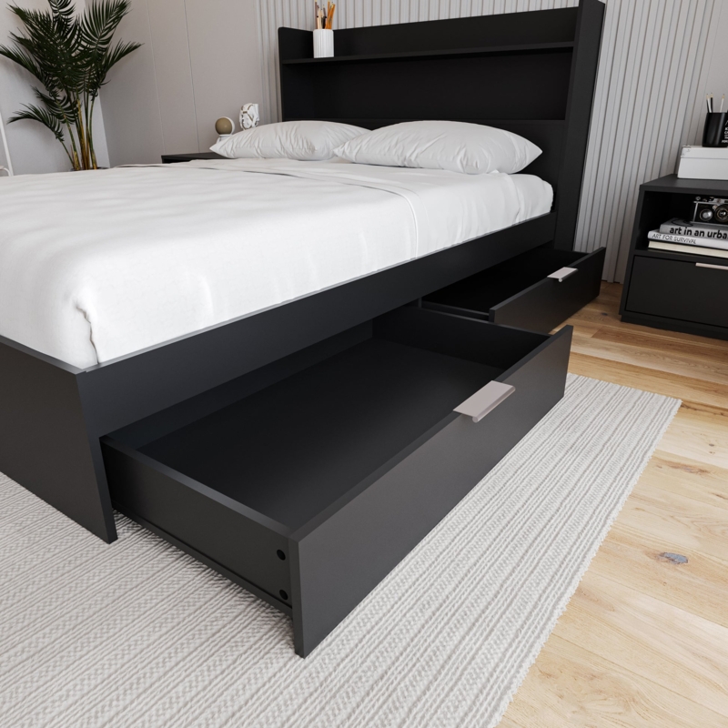 Modern Matte Finish Storage Bed with Headboard Shelf and 2 Drawers