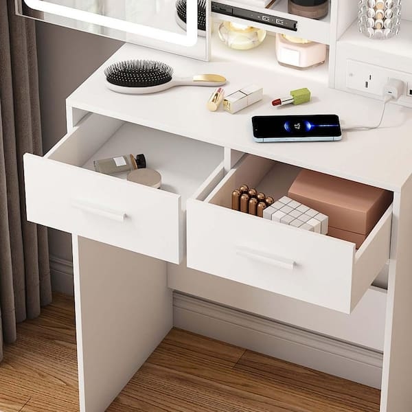 Modern Matte White Vanity with Built-In USB Ports & Outlet