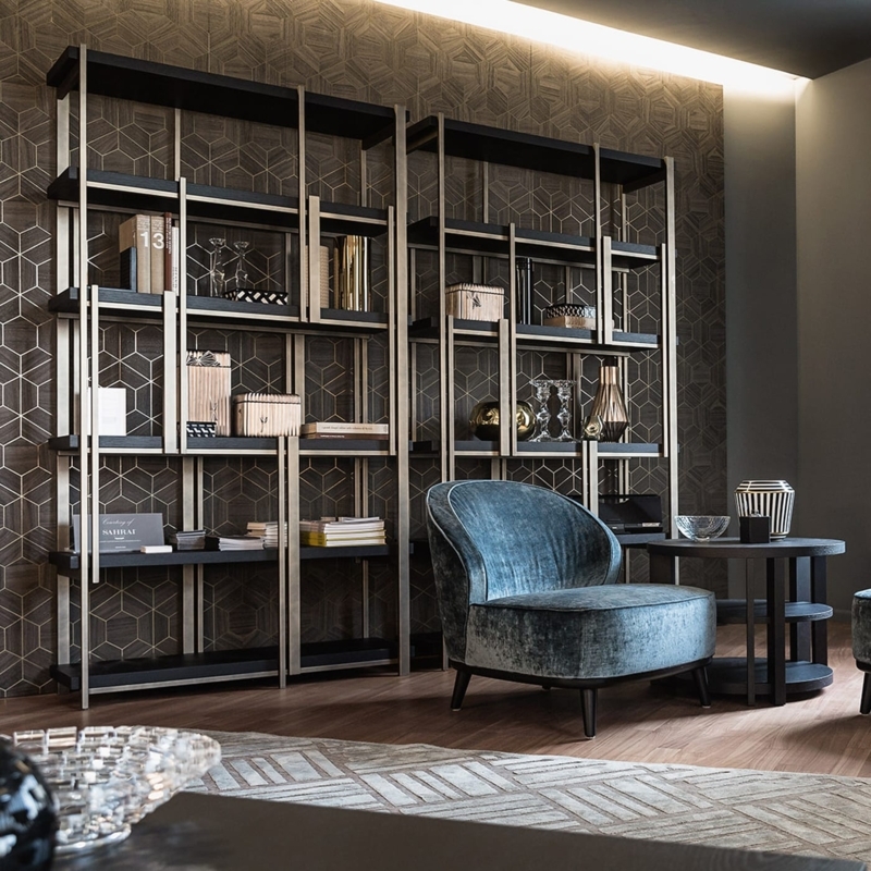 Modern Metal Bookshelf with Asymmetrical Gold and Black Grid