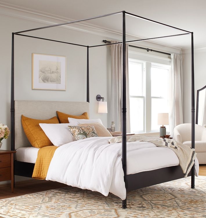 Modern Metal Canopy Bed Frame Slim Black with Upholstered Headboard