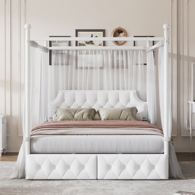 Modern Metal Canopy Bed with Storage Drawers, White Tufted Headboard