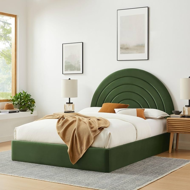 Modern Moss Green Velvet Platform Bed with Arched Headboard
