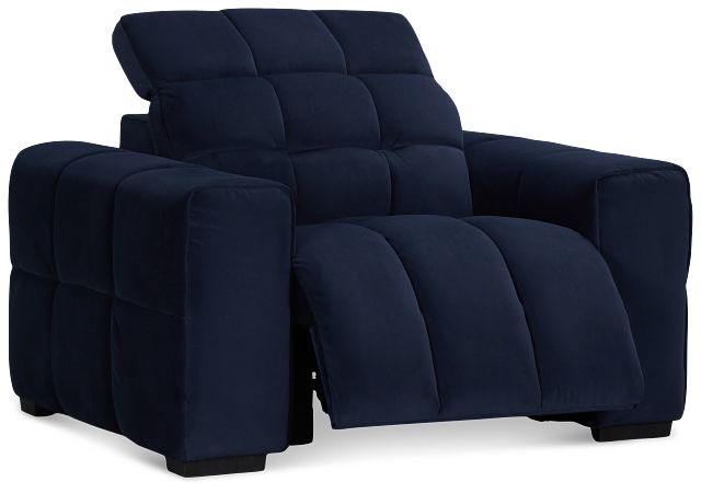 Modern Navy Power Recliner featuring Grid Tufting and Wide Block Arms