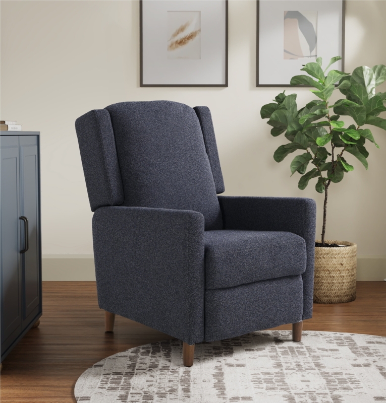 Modern Navy Wingback Recliner Chair with Tapered Wood Legs