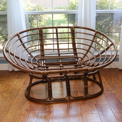 Modern Papasan Chair in Cream Sherpa with Cross-Legged Wood Base
