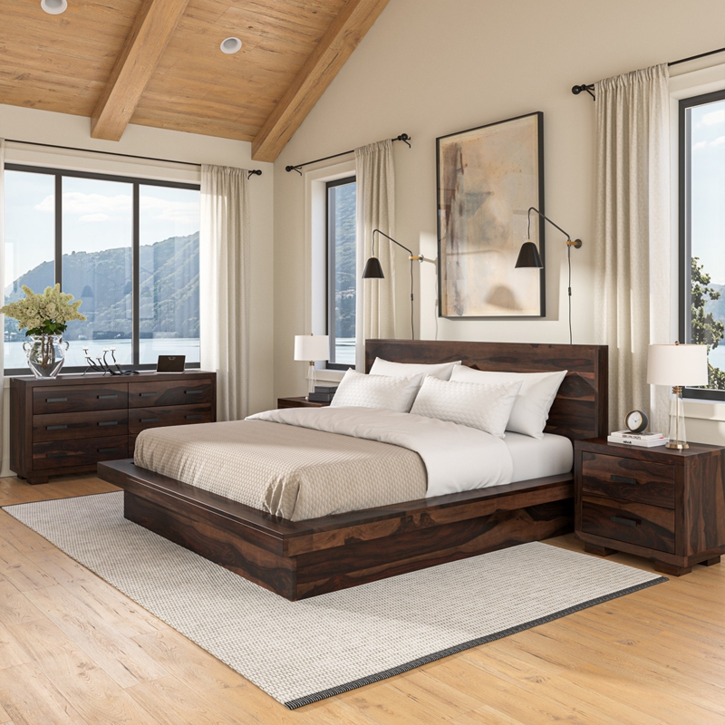 Modern Platform Bed Frame in Dark Wood with Bold Natural Grain