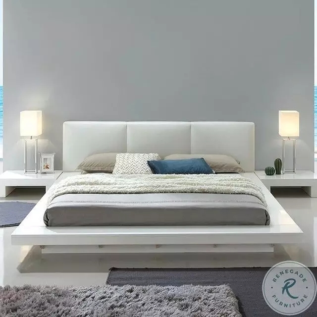 Modern Platform Bed White High Gloss Finish Three Panel Headboard