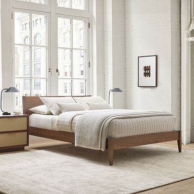 Modern Platform Bed with Upholstered Headboard and Wood Frame