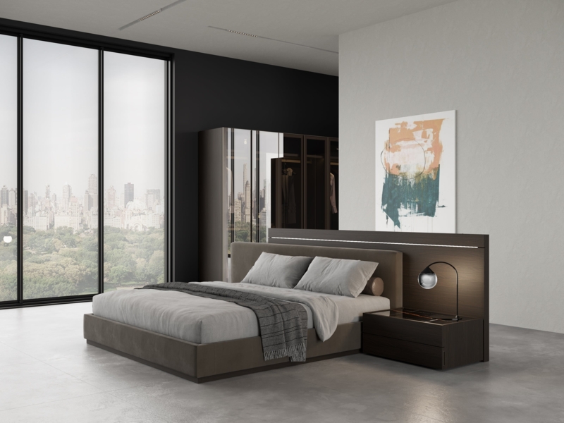 Modern Platform Bed with Wide Headboard & Integrated LED