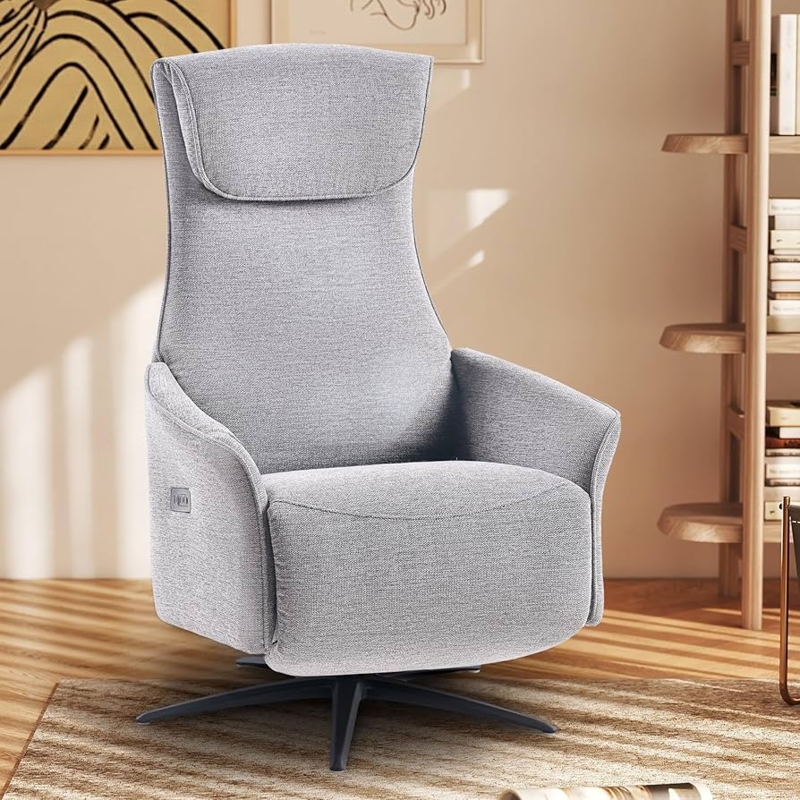 Modern Power Recliner Chair with Swivel Base in Light Grey