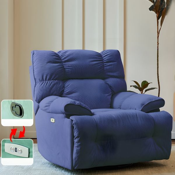 Modern Recliner Blue Ribbed Corduroy Power And Manual Dual Controls USB
