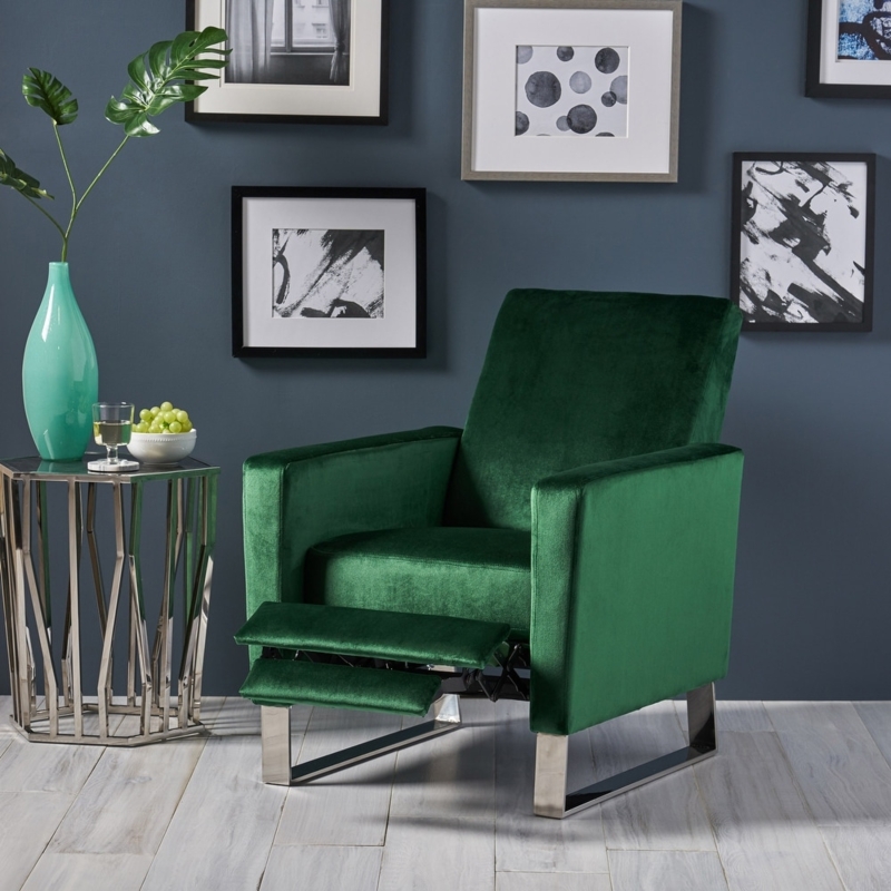 Modern Recliner Chair Emerald Green Velvet Metal Sled Base