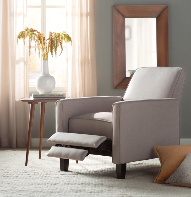 Modern Recliner Light Grey Fabric Tapered Legs Split Footrest