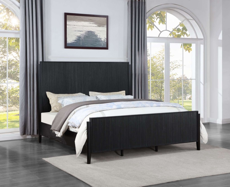 Modern Ribbed Bed Frame in Matte Black with Matching Footboard